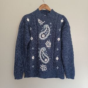 LORD ISAACS Women's Blue Embroidered Paisley Cable Knit Turtle Neck Sweater Top